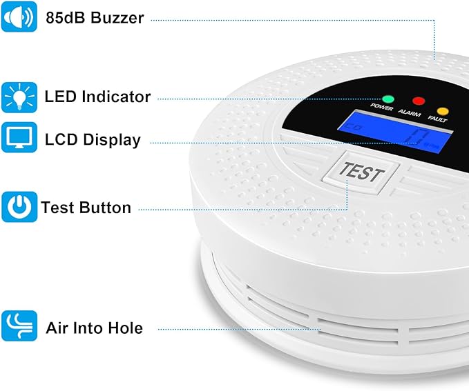 4-Pack, Smoke and Carbon Monoxide Detector, Smoke Detector Carbon Monoxide Detector Combo with Test Button, Digital Display, 85dB Alarm for Home and Office