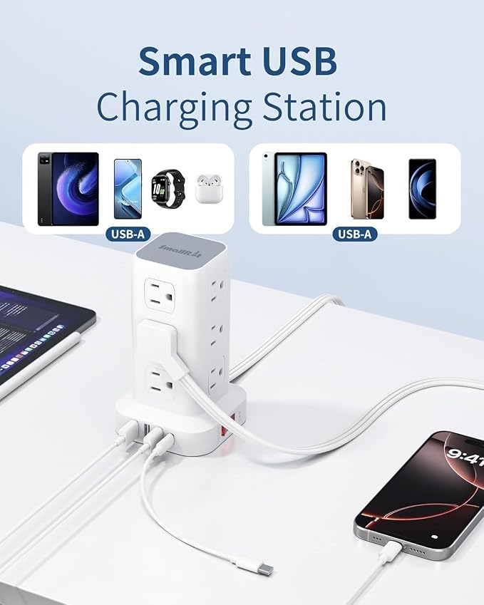 Extension Cord with Multiple Outlets, SMALLRT Flat Plug Power Strip Tower - Image 6