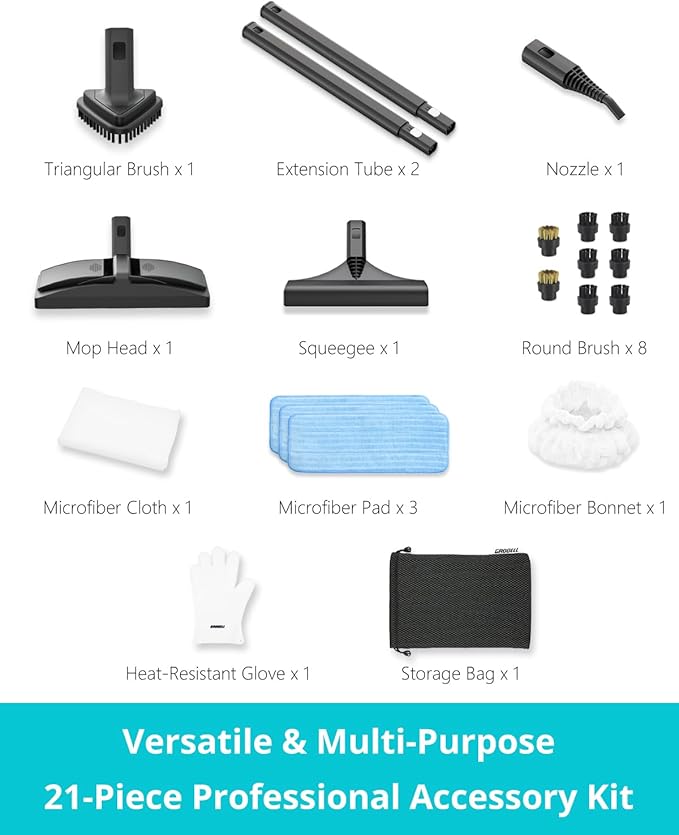 GROBELL Steam Cleaner: 40s Fast Heating-0.66Gal (2.5L) Large Tank-21 PCS Kit-No Cooling-Refill Anytime-Detachable Hose Steamer Mop for Home Grout Tile Shower Floor Cleaning Black