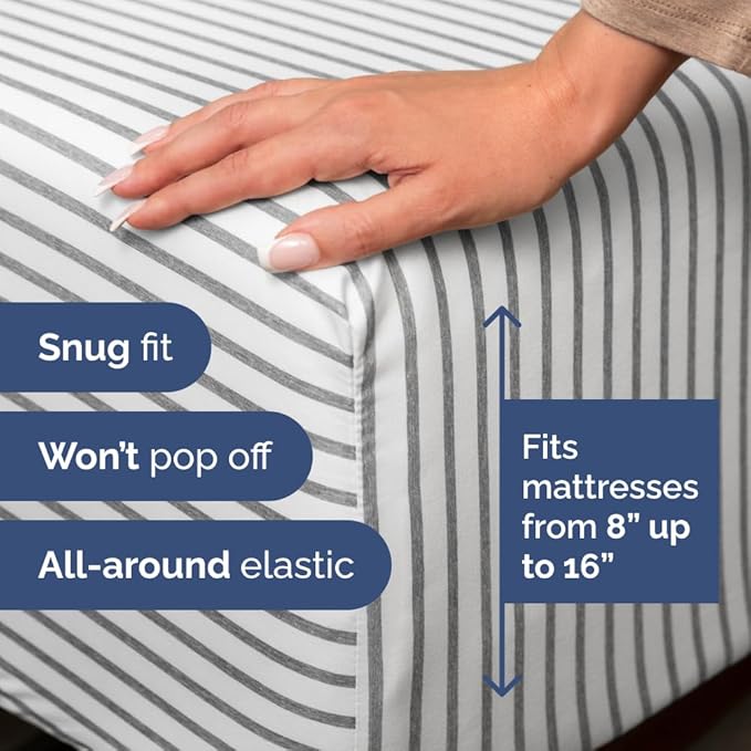 Full XL Bed Sheet Set - 4 Piece Extra Long Extended Full XL Sheets - Soft, Breathable & Cooling - Fits 8" to 16" Mattress with Deep Pockets - 54" x 80" - Wrinkle and Fade Resistant - Grey Stripes 2
