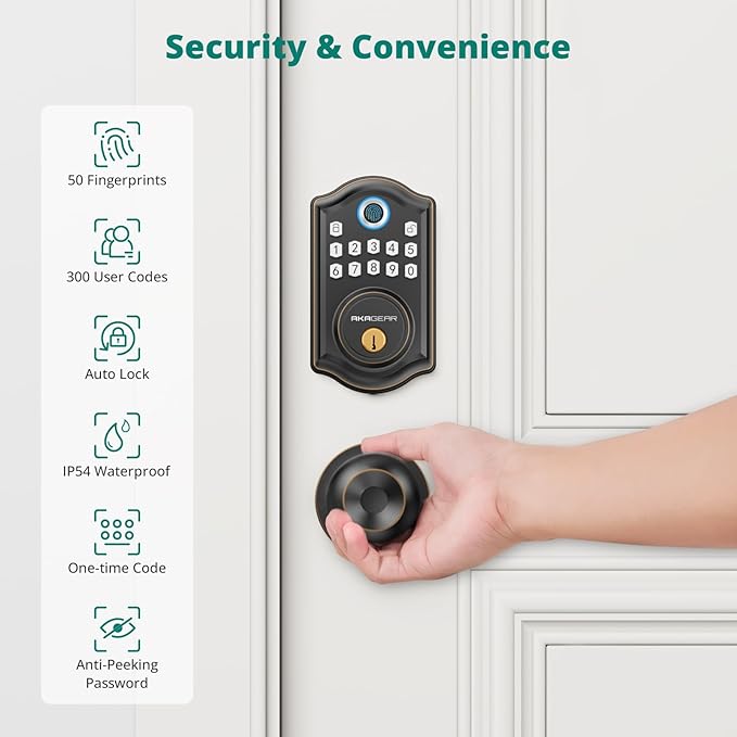 AkaGear DS10 Keyless Entry Door Lock with Door Knob, Fingerprint Door Lock, Electronic Keypad Deadbolt, Smart Door Lock, Smart Locks for Front Door, Auto-Lock - Oil Rubbed Bronze