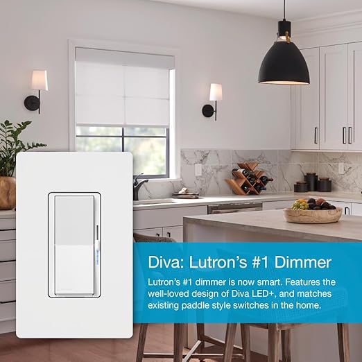 Lutron Diva Smart Dimmer Light Switch for Caseta Lighting (Lutron Smart Hub Required), for LED Lights, 150W, Single-Pole/3-Way, No Neutral, Ivory (DVRF-6L-IV)
