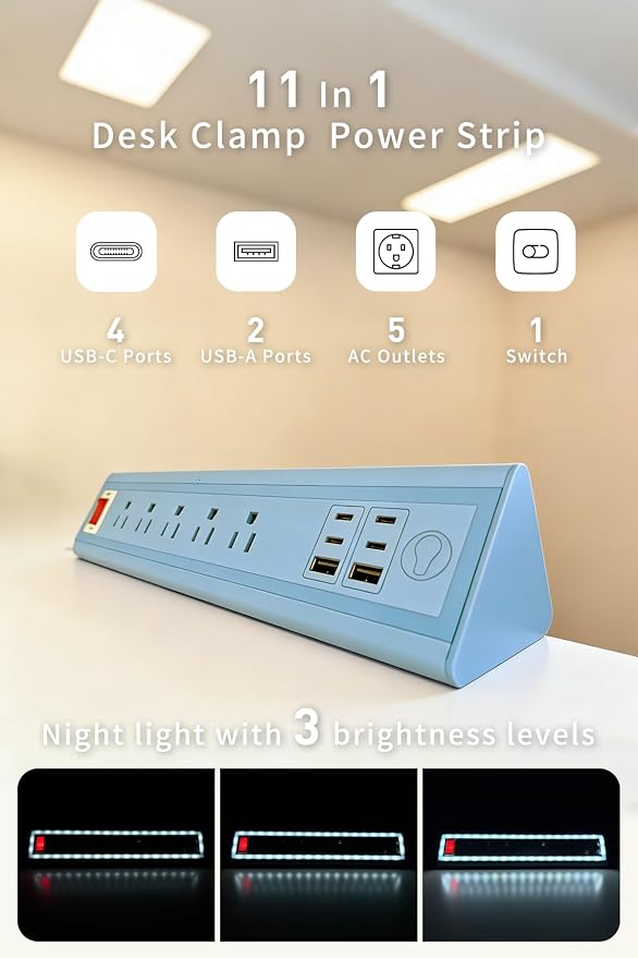 Desk Clamp Power Strip with Nightlight, 40W Fast Charging, 6FT Extension Cord - Image 2