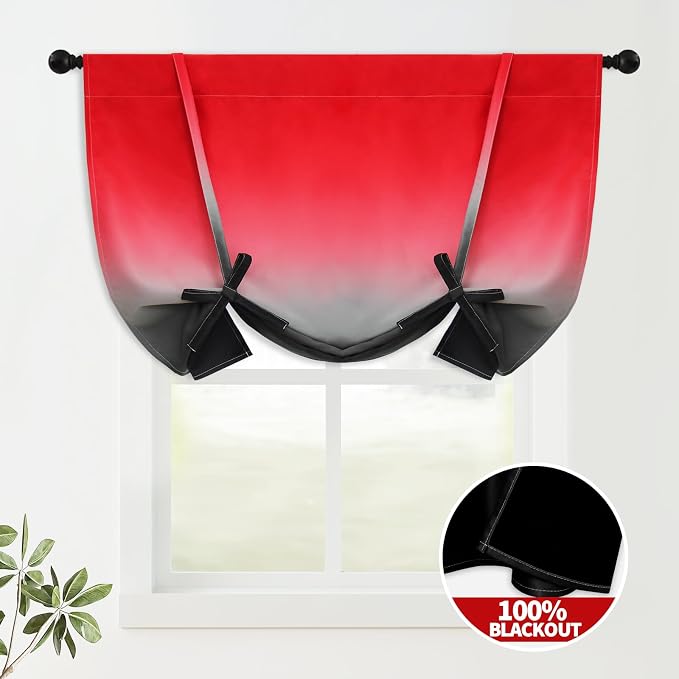 COSVIYA 100% Blackout Red and Black Adjustable Tie Up Curtains - Image 2