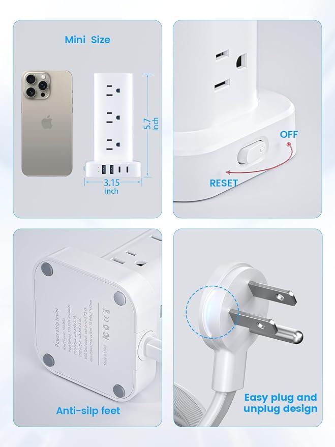 Tower Power Strips with Surge Protection, 6FT Flat Extension Cord with Multiple Outlets, 12 AC 4 USB Ports, Overload Protection Charging Station for Office Home Dorm Room Travel (White)