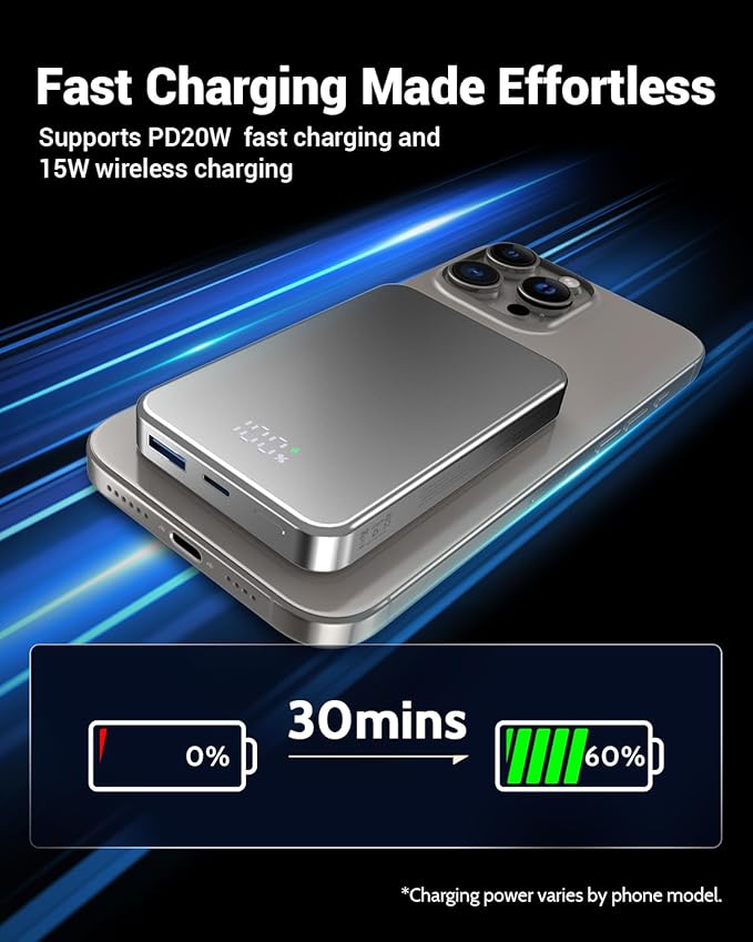 POAQCIF for Magsafe Portable Charger, Aluminum Alloy Small 10000mAh 20W PD Magnetic Power Bank, USB-C in&Out Wireless Battery Pack Phone Charger for iPhone 16/15/14/13/12 Plus Pro Max Series -Silvery