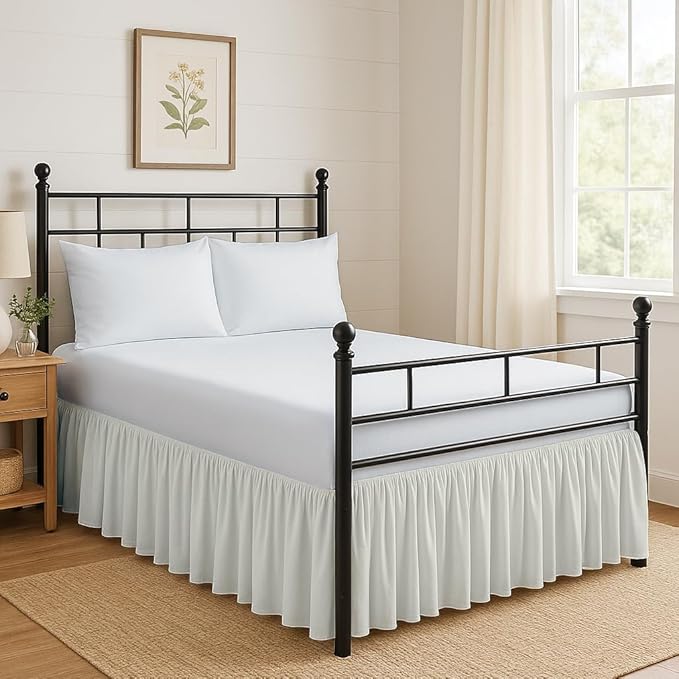 Ruffled Bed Skirt Split Corners with Platform, Tailored Fit Hotel Quality Wrinkle Free Ultra-Soft Microfiber Dust Ruffle, Upto 14 Inch Drop, Queen, Ivory