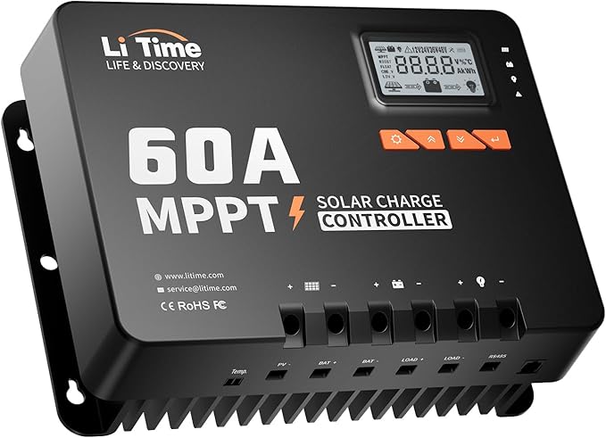 LiTime 60 Amp MPPT 12V/24V/36V/48V/Auto DC Input Solar Charge Controller is Equipped a Built- in Bluetooth Module, with Parameter Adjustable LCD Display LED Indicators Solar Panel