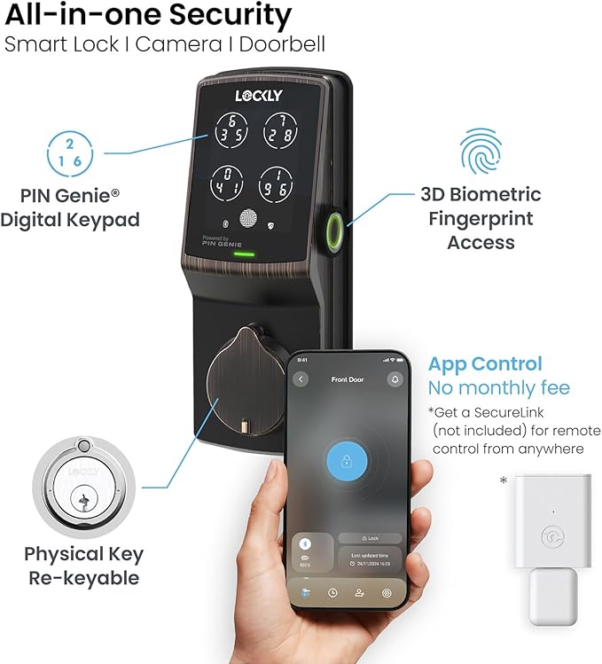 Lockly Secure Plus, Keyless Entry Door Lock, Smart Locks for Front Door, Smart Lock Deadbolt, PIN Genie® Keypad, 3D Biometric Fingerprint Sensor, Auto Lock Smart Door Lock