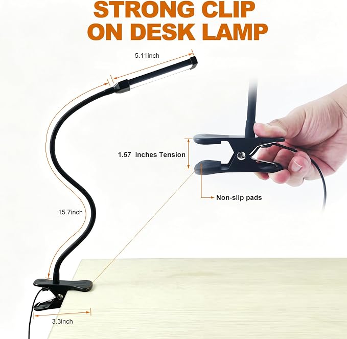 24 LED Clip Light 3 Color Dimmable Clip Desk Lamp Black | Metal Gooseneck | - Image 4
