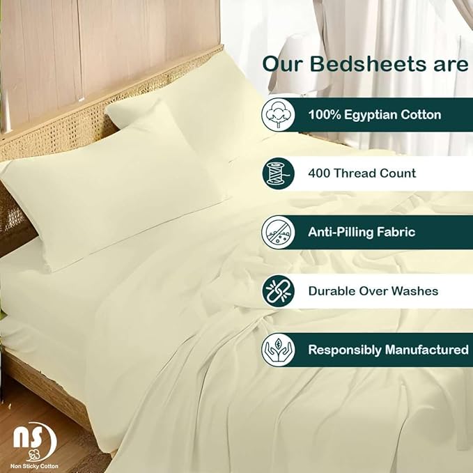 NON Sticky cotton Queen Size Sleeper Sofa Sheets, 4 Piece Egyptian Cotton Bed Sheet Set for Sofa Bed, 6" Deep Pocket Fitted Sheet for Pull Out Couch Mattress, 60" x 75", Ivory Solid, Soft & Breathable