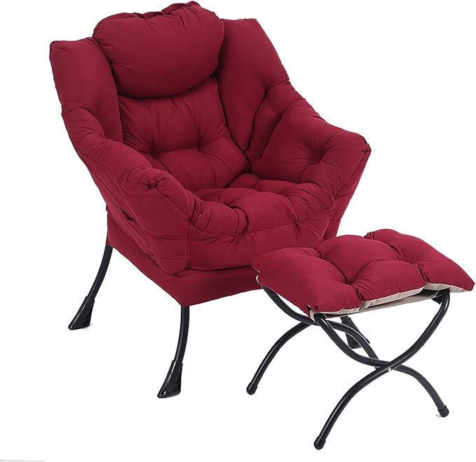 Lazy Chair with Ottoman, Comfy Accent Reading Chair, Burgundy | Foldable by LITA