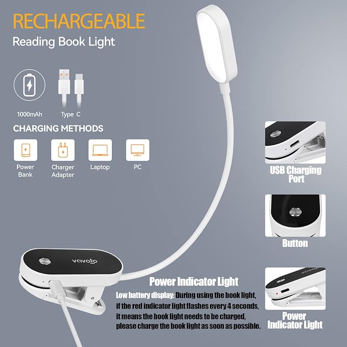 VAVOFO Rechargeable Book Light, 14 LEDs Eye Care Clip On Amber Reading Light - Image 3