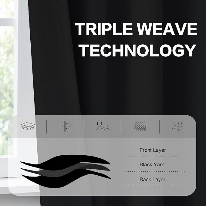 Black Blackout Curtains 105 Inch Long, 2 Panels 52W x 105L | Back Tab and Rod - Image 4
