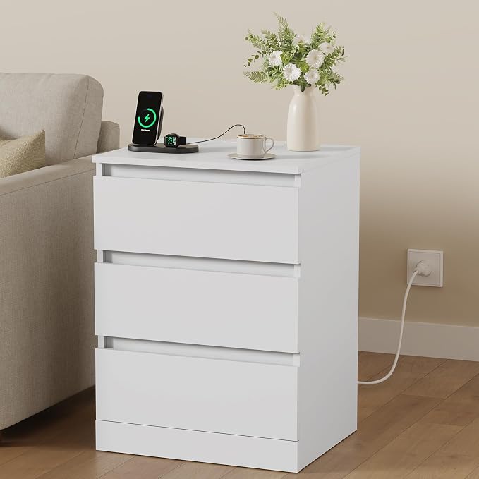 Nightstand with Charging Station, Bedside Tables with 3 Drawers, Side Table - Image 2