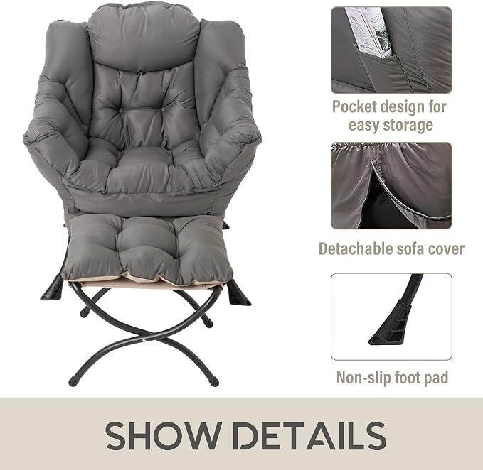 Lazy Chair with Ottoman, Comfy Accent Reading Chair, Dark Grey | Foldable - Image 6