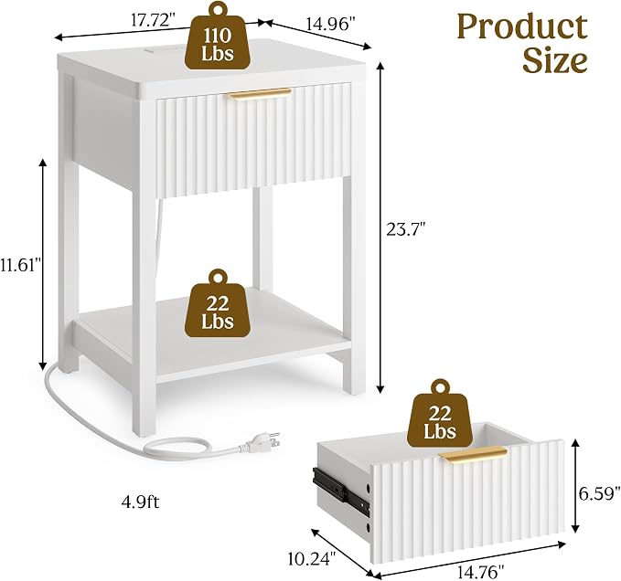 Night Stand Set 1, Fluted Wood Bedside Table w/Socket Station - Image 3