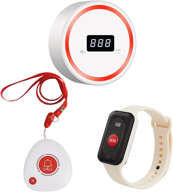 Wireless Caregiver Pager Call Button Emergency Calling System 328 Feet 1 Call Button/1 Watch Button/1 Receiver Nurse Alert System for Elderly Patient Disabled (1 Beige H1+1 3DB+M2)
