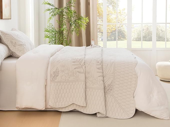 Lady Ann Cal King Bedspreads 118x106, Leaves Botanical Pattern Printed Wheat - Image 9