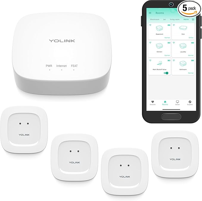 YoLink Water Leak Starter Kit: Hub + 4 Leak Sensor 1 (Silent), LoRa Long-Range, App/SMS/Email Alerts, D2D Offline Triggers, 2 AAA Up to 5-Year Battery, Compatible with Alexa/IFTTT/Home Assistant