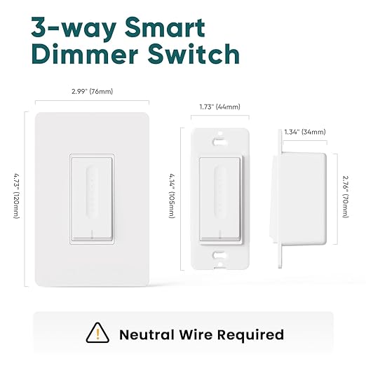 TREATLIFE 3 Way Smart Dimmer Switch 1 Pack, Master 3 Way Dimmable Light Switch, 2.4GHz Smart Switch Compatible with Alexa and Google Home, Neutral Wire Needed, No Hub Required, Remote Control
