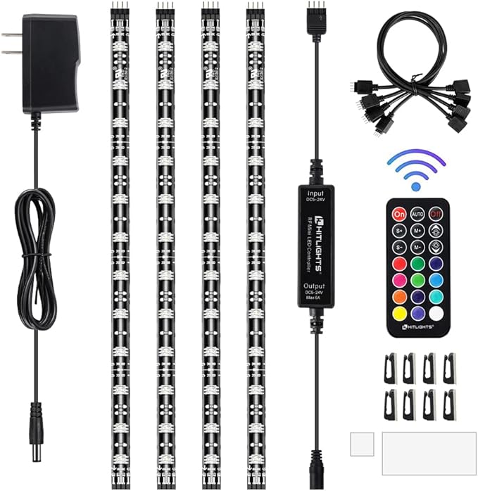HitLights LED Strip Lights, 4 Pre-Cut Waterproof RGB Small LED Light Strip Kit Dimmable Color Changing SMD 5050 LED Tape Light with RF Remote, UL-Listed Power Supply and Connectors for TV Bedroom Home