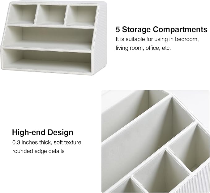 PU Leather Desk Organizer, Remote Control Holder, Ivory | Luxury Nightstand - Image 5