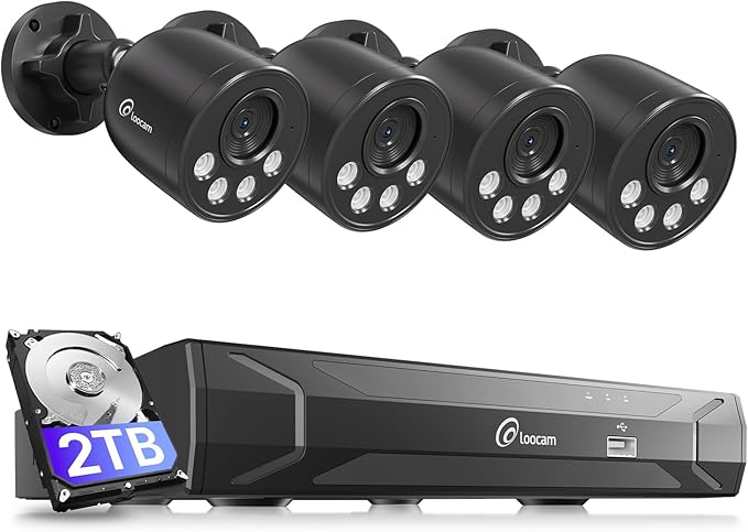 Loocam PoE Security Camera System 8MP 8CH NVR H.265+ 2TB HDD, 4pcs 4K Wired PoE Camera System AI Human Vehicle Detection, Outdoor Indoor Home Security Camera System 24/7 Recording, Remote Access