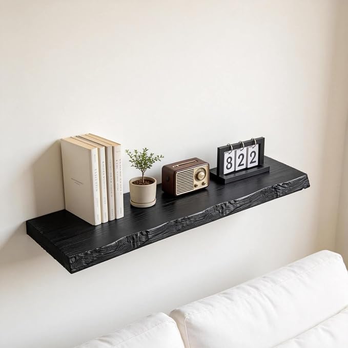 Black Live Edge Floating Shelf, 48-Inch Solid Elm Wood | Easy Installation - Image 2