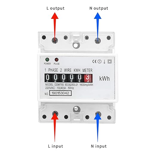 Electric Meter, Single Phase 4P LED DIN-Rail Electricity Power Consumption Wattmeter Energy Meter DDM75S 10 to 40A Digital Display