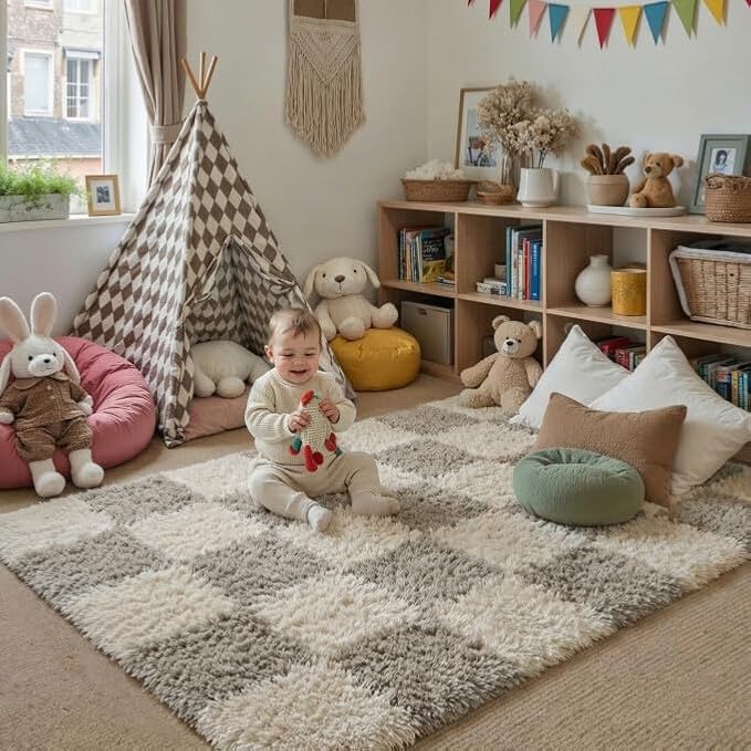 Grey 4x6 Area Rug for Kids Room Soft Fluffy Checkered Shag Carpet | Machine - Image 3
