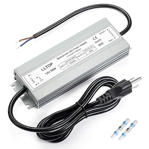 LLTOP LED Driver 60 Watts Waterproof IP67 Power Supply AC100-264V to 12V DC 5A Low Voltage Transformer Ultra Thin Adapter for Outdoor LED Lights, Computer Project