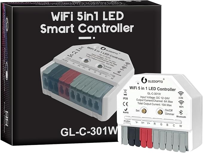GLEDOPTO WiFi+Bluetooth 5 Modes in 1 Mini LED Strip Controller DC12-24V RGBCCT RGBW RGB CCT WWCW Dimmer Work with Tuya Smart Life App Voice Control for PWM Dimming LED Strip Light