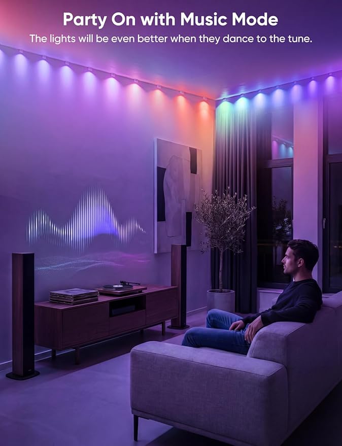 Smart RGB String Downlights, 30ft with 30 LED Smart LED String Lights Works with Alexa/Google, 111 Scene Modes, Color Changing Indoor Wall Light Fixture for Party, Children's room, Music Sync, White