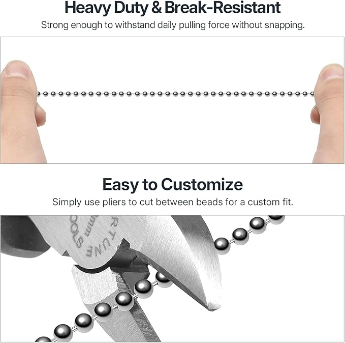 SmoTecQ 10 Feet (120 Inch) Ceiling Fan Pull Chain Extension - Nickel Plated Silver - 3mm Beaded Ball Chain with 12 Connectors - Rust Proof Solid Brass for Light Fixtures & DIY Crafts