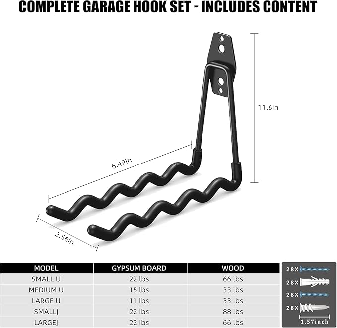 CRXCRC Garage Hooks, 4 Pack Wave Hooks for Hanging Heavy Duty Ladders, Bikes, Tools Ideal for Garage, Garden, Basement Utility Room Storage (Black)