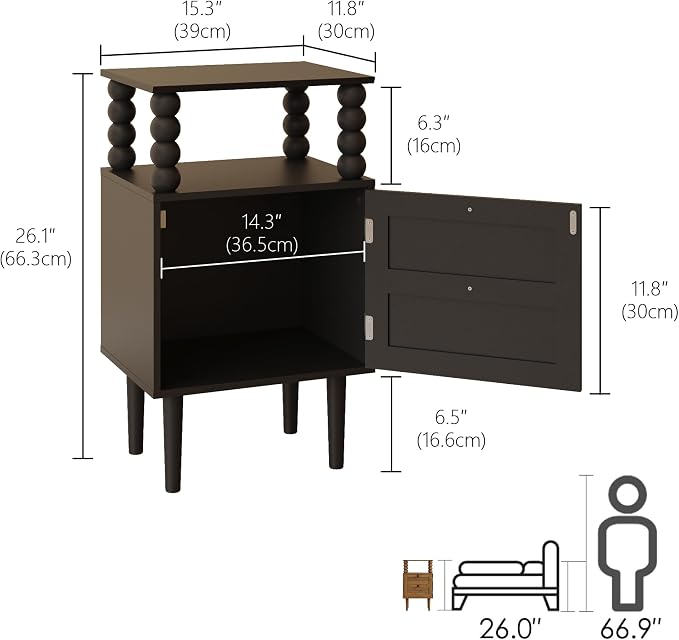 Nightstand with Storage Drawer and Open Wood Shelf, Solid Wood Legs | - Image 2