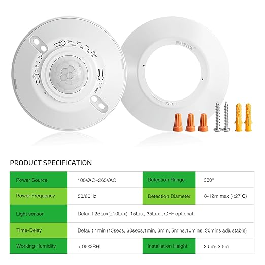 RAYZEEK Ceiling Sensor Light Switch,360 Degree Occupancy Sensor,10A,120V Hard-Wired Motion Sensor,High Sensitive Motion Sensor Detector Light Switch,Neutral Wire Required,Commercial/Industrial Grade