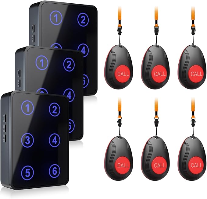 CallToU Wireless Call Button Caregiver Pager Nurse Call System for Elderly/Patients at Home/Hospital with Voice Announcements and LED Number Display (6 Waterproof Call Button & 3 Receiver)
