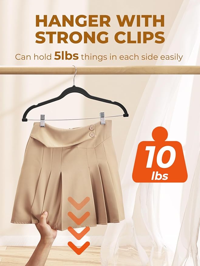 HOUSE DAY Velvet Skirt Hangers 36 Pack, Black Velvet Pant Hangers with Adjustable Clips, Space Saving Slim Shorts Hanger, Heavy Duty Non Slip Clip Hanger for Pants, Skirts, Shorts