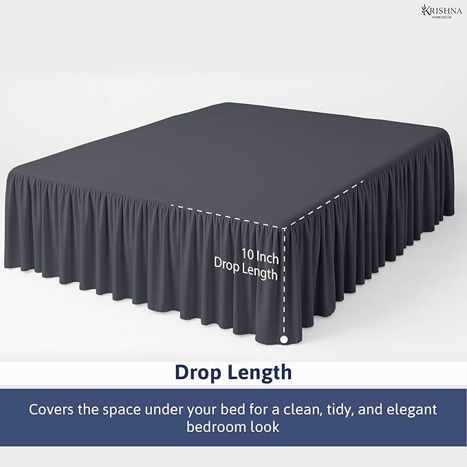 KRISHNA Ruffled Bed Skirt with Split Corners Full, 100% Microfiber Hotel Quality, 10 Inch Drop Dust Ruffle Gathered Bedskirt with Platform, 54" x 75", Dark Grey