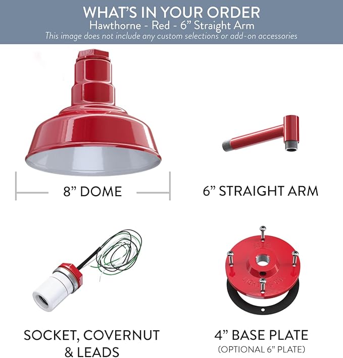 Steel Lighting Co. Hawthorne Barn Light | Outdoor Wall Mounted | 8 inch Dome | 6 inch Straight Arm| Small Farmhouse Light Made in America | Red Exterior/White Interior