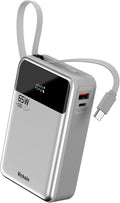 Hichain Laptop Power Bank 65W 20000mAh Portable Charger with Built-in USB-C Cable, 3-Port Fast Charging Battery Pack for MacBook iPhone 17 16/15 Series Android Switch Travel Essential Silver