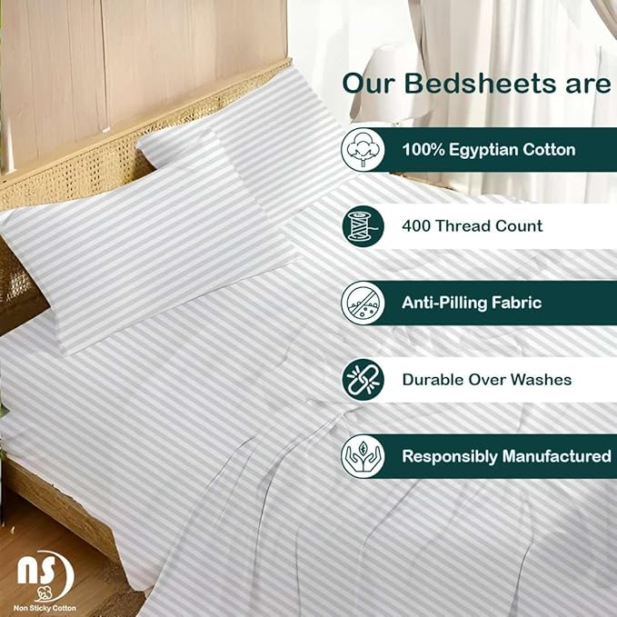 NON Sticky cotton Full Size Sleeper Sofa Sheets, 4 Piece Egyptian Cotton Bed Sheet Set for Sofa Bed, 8" Deep Pocket for Pull Out Couch Mattress, 54" x 75", White Stripe, Soft & Breathable