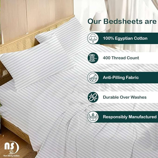 NON Sticky cotton Twin Size Sleeper Sofa Sheets, 4 Piece Egyptian Cotton Bed Sheet Set for Sofa Bed, 7" Deep Pocket for Pull Out Couch Mattress, 39" x 75", White Stripe, Soft & Breathable