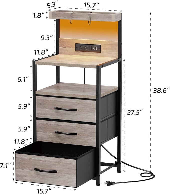 SZLHANJZ LED Night Stand with Charger Station, 3 Fabric Drawers, Greige | - Image 3