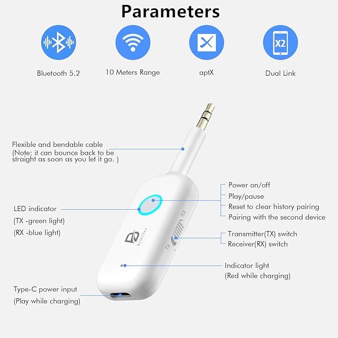 Bluetooth 5.2 Audio Transmitter Receiver for TV, Bluetooth Transmitter for Headphones, 2 BT Devices Connections, 3.5mm Jack Aux Airplane Headphone Adapter for Car/Home Stereo, White
