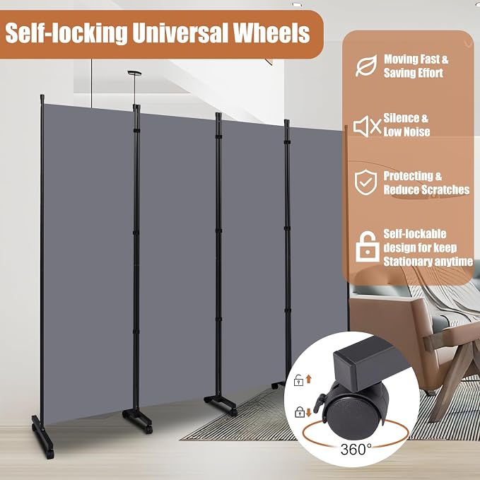 Room Divider 88'' Wide Folding Privacy Screens, 4 Panel Wall Divider w/Wheel | - Image 4