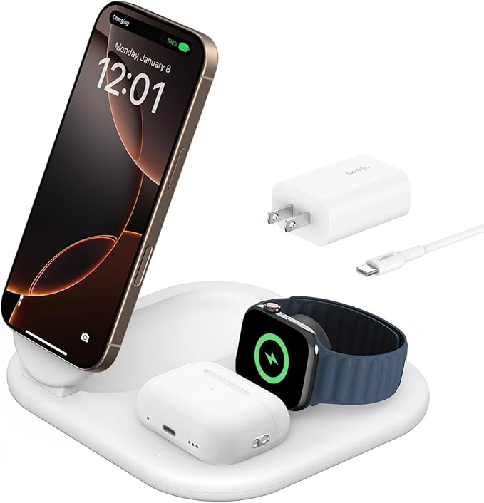 Belkin 3-in-1 MagSafe-Compatible iPhone Charger - Foldable Magnetic Qi2 Certified, MagSafe Charging Station for Phone, Apple Watch, AirPods - Wireless for Multiple Devices