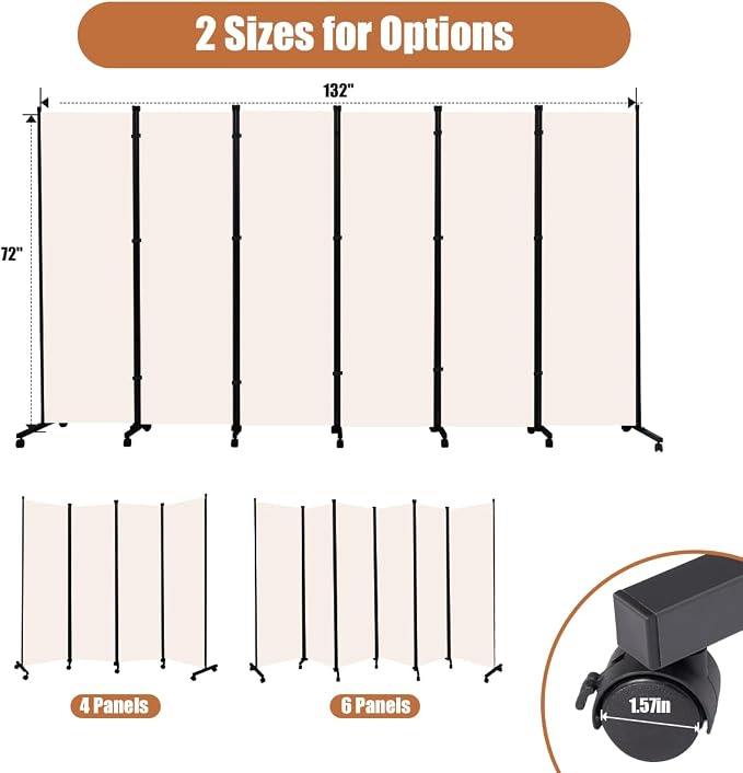 Room Divider Folding Privacy Screens W/Wheels, Divider - Image 6
